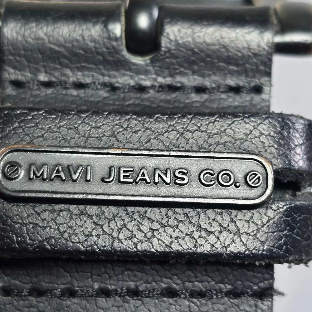 Mavi Jeans Co Mens‎ Black Belt Bronze Geometric Buckle Branded Plate 42.5in